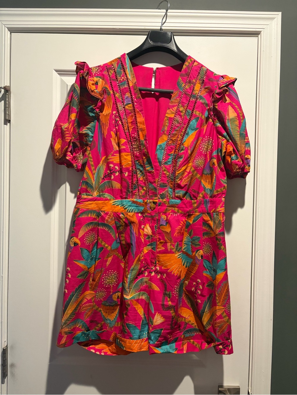 FARM RIO Bright Pink Tropical-Print One-Piece Romper with Belt - Picture 3 of 6